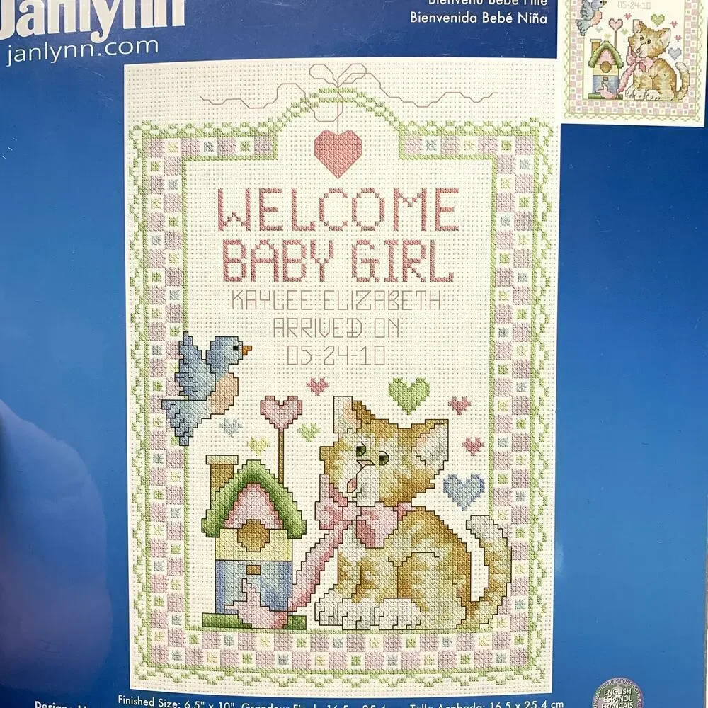 NOS 2010 Janlynn Welcome Baby Girl Kitty Sealed Cross Stitch Kit - 6.5” x10”